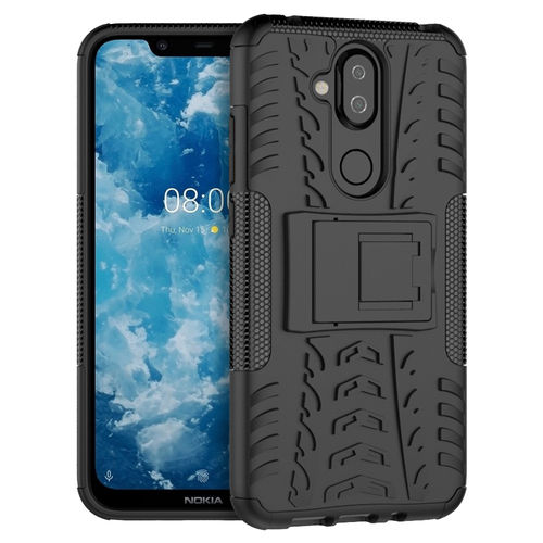 Dual Layer Rugged Tough Case & Stand for Nokia 8.1 - Black